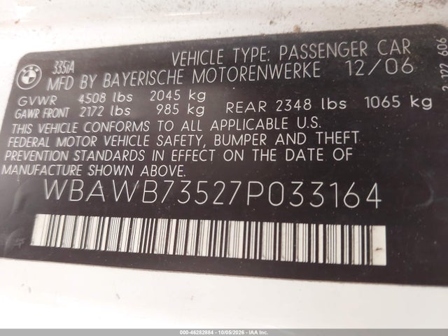 2007 Bmw 335i მანქანა იყიდება აუქციონზე, vin: WBAWB73527P033164, აუქციონის ნომერი: 46282884