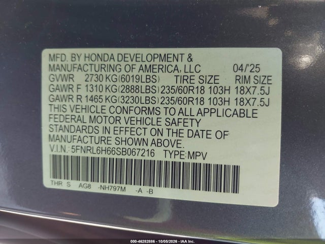 Aukcja sprzedaży 2025 Honda Odyssey Ex-l, vin: 5FNRL6H66SB067216, numer aukcji: 46282886