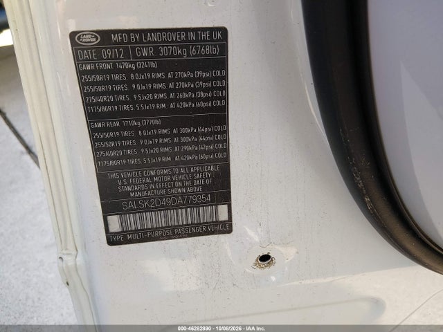 Aukcja sprzedaży 2013 Land Rover Range Rover Sport Hse, vin: SALSK2D49DA779354, numer aukcji: 46282890