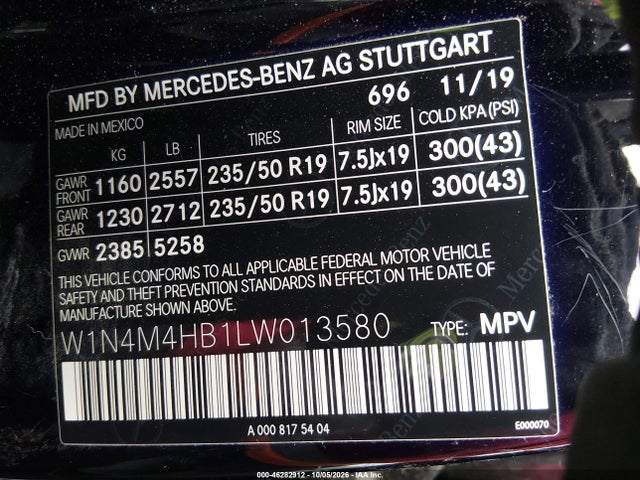 46282912 :رقم المزاد ، W1N4M4HB1LW013580 vin ، 2020 Mercedes-benz Glb 250 4matic مزاد بيع