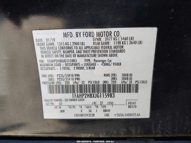 2018 Ford Taurus Sel მანქანა იყიდება აუქციონზე, vin: 1FAHP2H8XJG115983, აუქციონის ნომერი: 46282918