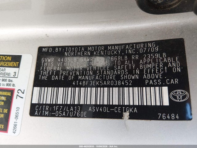 46282935 :رقم المزاد ، 4T4BF3EK5AR038452 vin ، 2010 Toyota Camry Xle مزاد بيع
