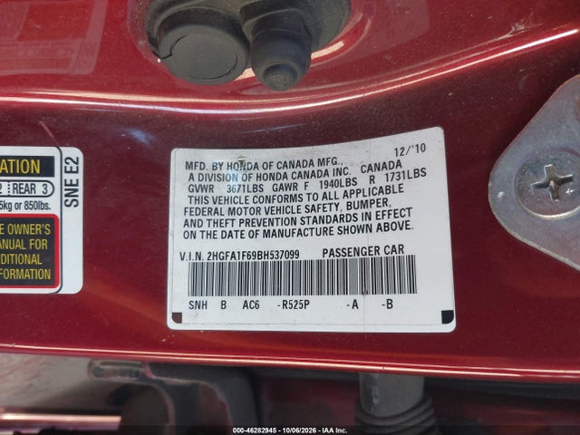 Aukcja sprzedaży 2011 Honda Civic Lx-s, vin: 2HGFA1F69BH537099, numer aukcji: 46282945