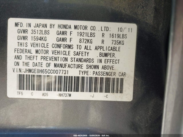 Продаж на аукціоні авто 2012 Honda Fit Sport, vin: JHMGE8H65CC007731, номер лоту: 46282955