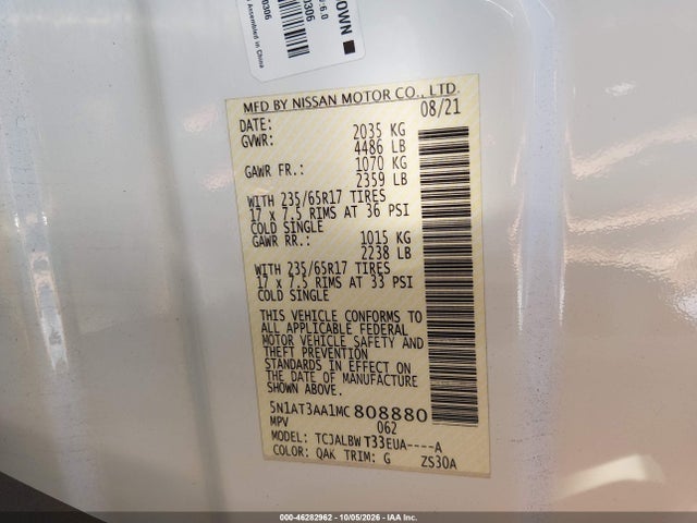 Продажа на аукционе авто 2021 Nissan Rogue S Fwd, vin: 5N1AT3AA1MC808880, номер лота: 46282962