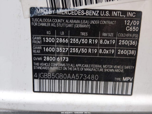 Aukcja sprzedaży 2010 Mercedes-benz Ml 350, vin: 4JGBB5GB0AA573480, numer aukcji: 46282974