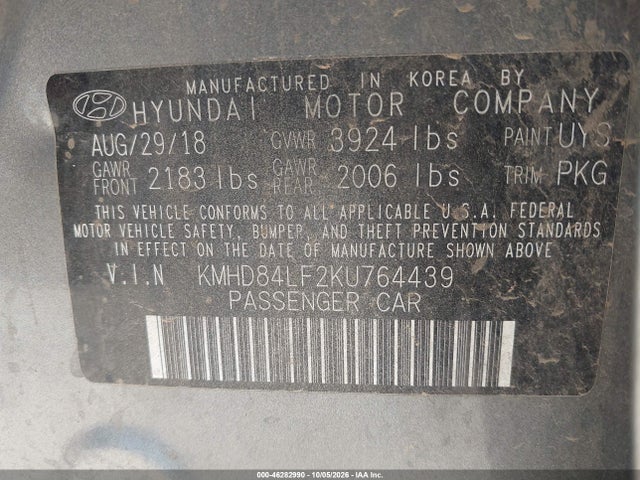 KMHD84LF2KU764439 Hyundai ELANTRA SEL