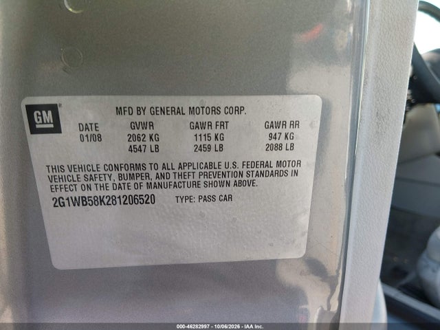 Продаж на аукціоні авто 2008 Chevrolet Impala Ls, vin: 2G1WB58K281206520, номер лоту: 46282997