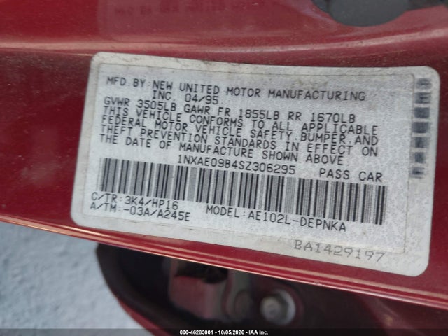 Aukcja sprzedaży 1995 Toyota Corolla Le/dx, vin: 1NXAE09B4SZ306295, numer aukcji: 46283001