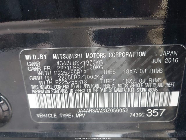 Продажа на аукционе авто 2016 Mitsubishi Outlander Sport 2.4 Es, vin: JA4AR3AW2GZ056052, номер лота: 46283002