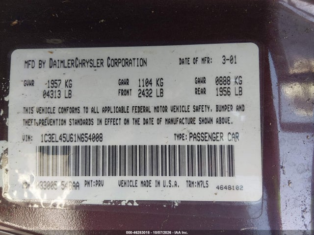 2001 Chrysler Sebring Lx მანქანა იყიდება აუქციონზე, vin: 1C3EL45U61N654008, აუქციონის ნომერი: 46283018