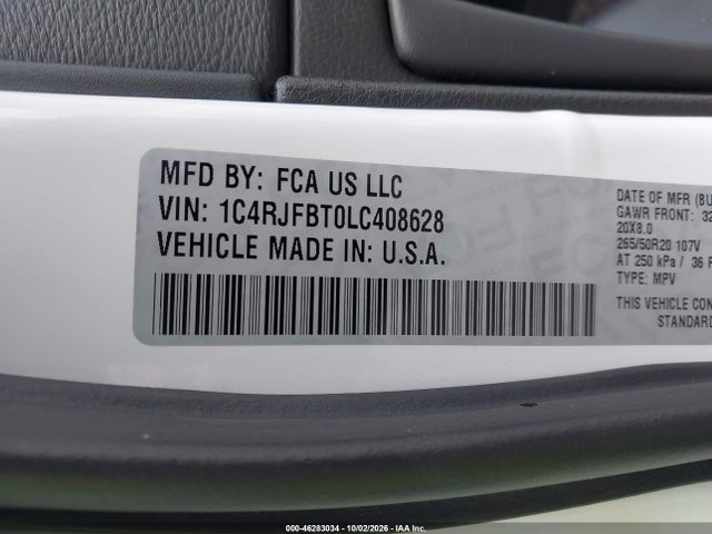 Продаж на аукціоні авто 2020 Jeep Grand Cherokee Limited X 4x4, vin: 1C4RJFBT0LC408628, номер лоту: 46283034