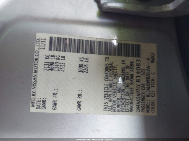 2012 Nissan Maxima 3.5 S მანქანა იყიდება აუქციონზე, vin: 1N4AA5AP7CC814083, აუქციონის ნომერი: 46283036