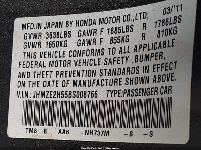 Aukcja sprzedaży 2011 Honda Insight Lx, vin: JHMZE2H55BS008766, numer aukcji: 46283048
