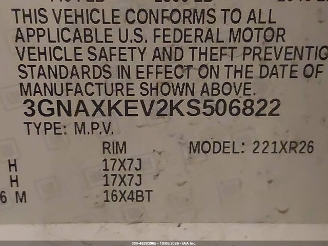Aukcja sprzedaży 2019 Chevrolet Equinox Lt, vin: 3GNAXKEV2KS506822, numer aukcji: 46283065
