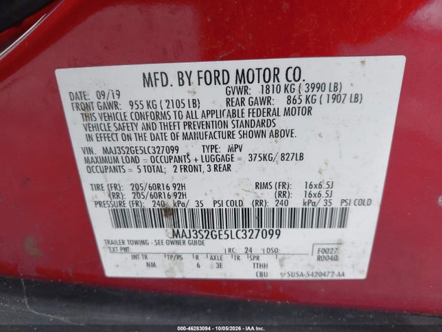 Продажа на аукционе авто 2020 Ford Ecosport Se, vin: MAJ3S2GE5LC327099, номер лота: 46283094