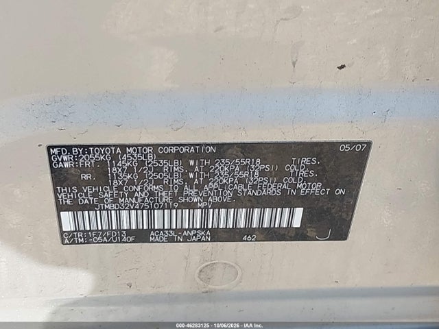 46283125 :رقم المزاد ، JTMBD32V475107119 vin ، 2007 Toyota Rav4 Sport مزاد بيع
