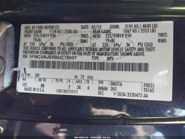 2013 Ford Escape Titanium მანქანა იყიდება აუქციონზე, vin: 1FMCU9J9XDUC78997, აუქციონის ნომერი: 46283132