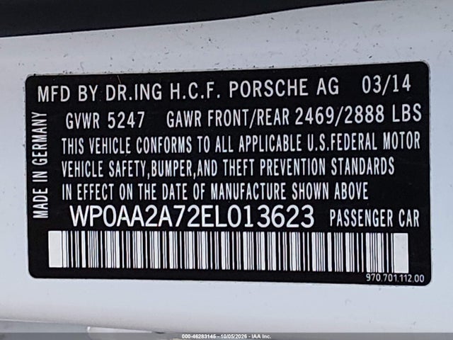 46283145 :رقم المزاد ، WP0AA2A72EL013623 vin ، 2014 Porsche Panamera 4 مزاد بيع