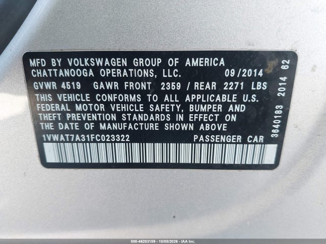 Продаж на аукціоні авто 2015 Volkswagen Passat 1.8t Wolfsburg Edition, vin: 1VWAT7A31FC023322, номер лоту: 46283159