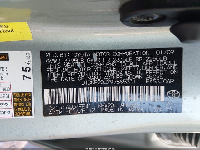46283183 :رقم المزاد ، JTDKB20UX97885331 vin ، 2009 Toyota Prius مزاد بيع