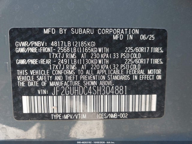 Продажа на аукционе авто 2025 Subaru Crosstrek Premium, vin: JF2GUHDC4SH304881, номер лота: 46283192