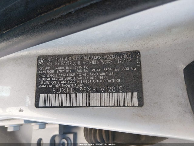 46283216 :رقم المزاد ، 5UXFB535X5LV12815 vin ، 2005 Bmw X5 4.4i مزاد بيع
