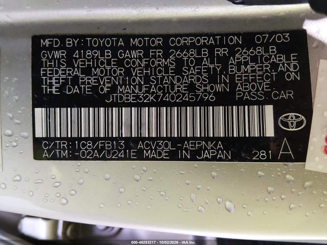 2004 Toyota Camry Le მანქანა იყიდება აუქციონზე, vin: JTDBE32K740245796, აუქციონის ნომერი: 46283217