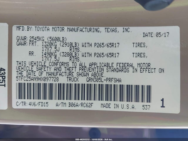 Продаж на аукціоні авто 2017 Toyota Tacoma Trd Sport, vin: 5TFCZ5AN9HX097728, номер лоту: 46283232