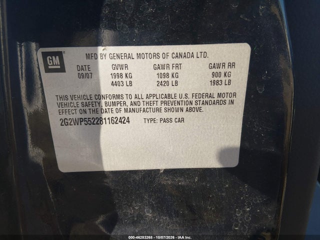 46283268 :رقم المزاد ، 2G2WP552281162424 vin ، 2008 Pontiac Grand Prix مزاد بيع