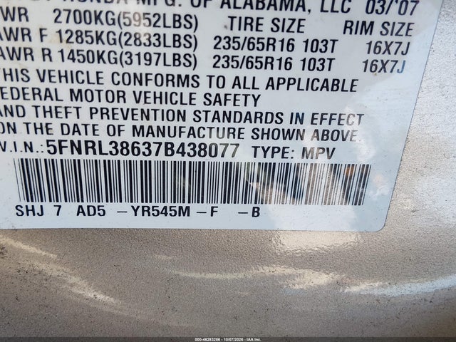 Aukcja sprzedaży 2007 Honda Odyssey Ex-l, vin: 5FNRL38637B438077, numer aukcji: 46283286