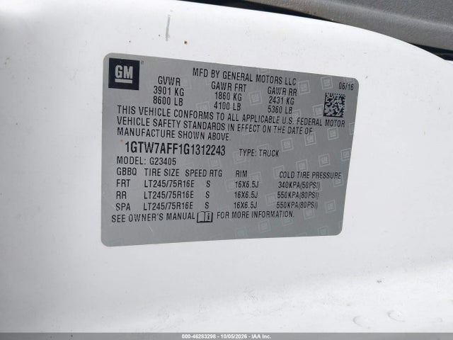 Продажа на аукционе авто 2016 Gmc Savana 2500 Work Van, vin: 1GTW7AFF1G1312243, номер лота: 46283298