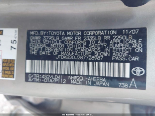 Продажа на аукционе авто 2008 Toyota Prius, vin: JTDKB20U287728987, номер лота: 46283308