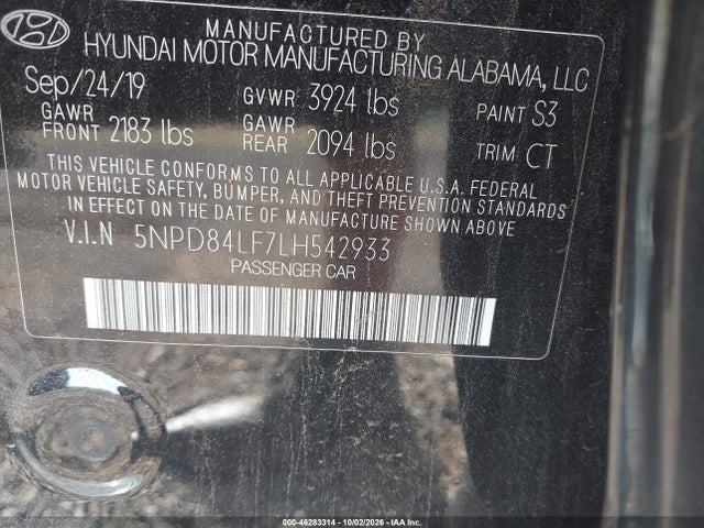2020 Hyundai Elantra Value Edition მანქანა იყიდება აუქციონზე, vin: 5NPD84LF7LH542933, აუქციონის ნომერი: 46283314