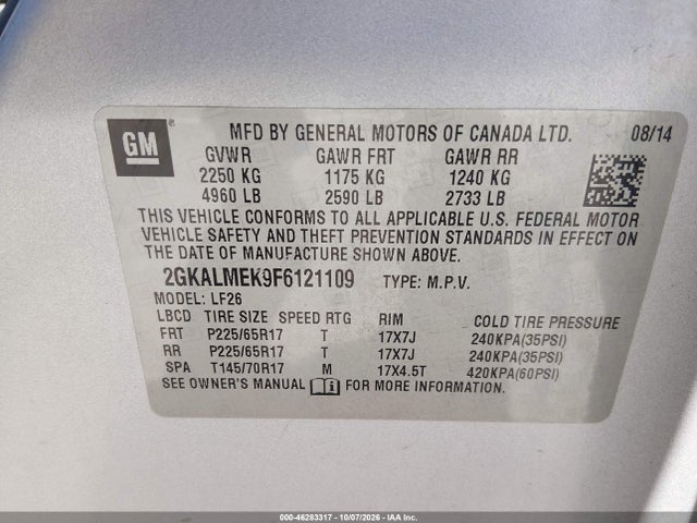 GMC Terrain Sle-1 2015 2GKALMEK9F6121109 Image 9