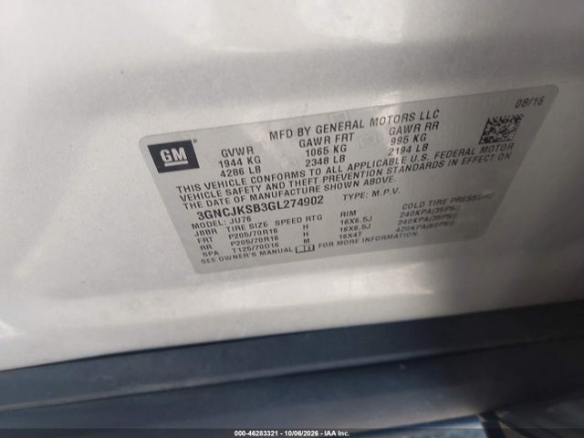 Aukcja sprzedaży 2016 Chevrolet Trax 1ls, vin: 3GNCJKSB3GL274902, numer aukcji: 46283321