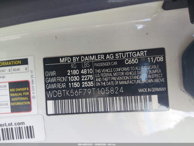 Продаж на аукціоні авто 2009 Mercedes-benz Clk 350, vin: WDBTK56F79T105824, номер лоту: 46283322