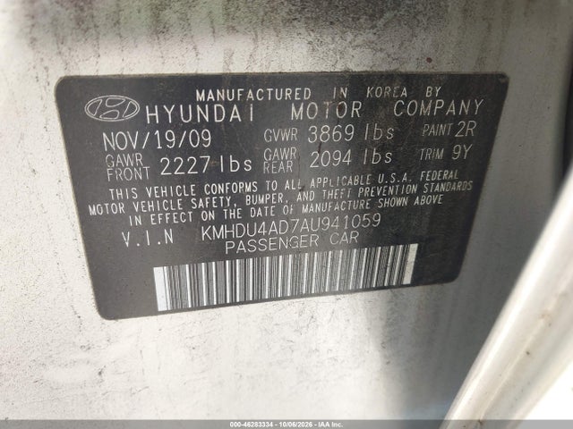 Продажа на аукционе авто 2010 Hyundai Elantra Gls, vin: KMHDU4AD7AU941059, номер лота: 46283334