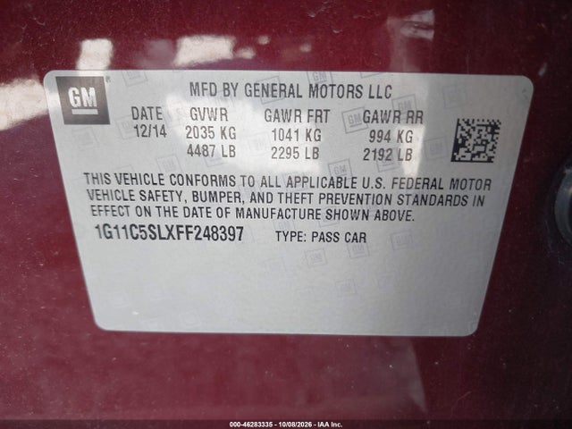 46283335 :رقم المزاد ، 1G11C5SLXFF248397 vin ، 2015 Chevrolet Malibu 1lt مزاد بيع