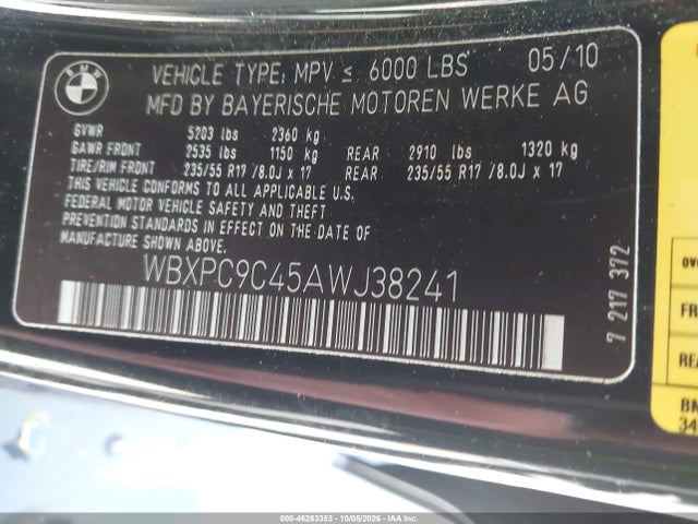 Продажа на аукционе авто 2010 Bmw X3 Xdrive30i, vin: WBXPC9C45AWJ38241, номер лота: 46283353