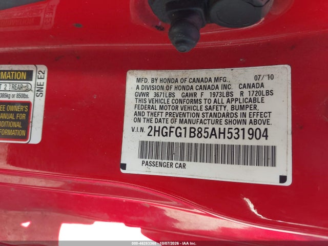 2010 Honda Civic Ex მანქანა იყიდება აუქციონზე, vin: 2HGFG1B85AH531904, აუქციონის ნომერი: 46283368