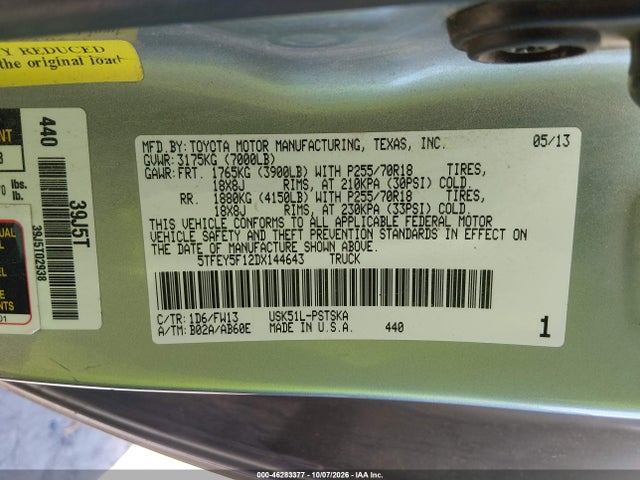 Aukcja sprzedaży 2013 Toyota Tundra Grade 5.7l V8, vin: 5TFEY5F12DX144643, numer aukcji: 46283377