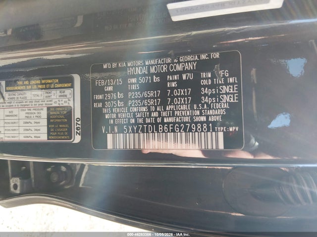 46283386 :رقم المزاد ، 5XYZTDLB6FG279881 vin ، 2015 Hyundai Santa Fe Sport 2.4l مزاد بيع