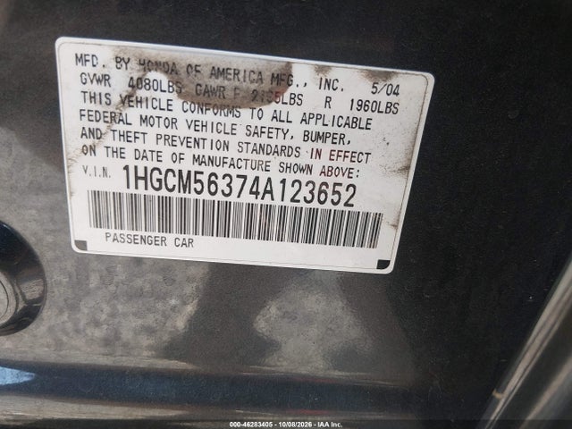 46283405 :رقم المزاد ، 1HGCM56374A123652 vin ، 2004 Honda Accord 2.4 Lx مزاد بيع