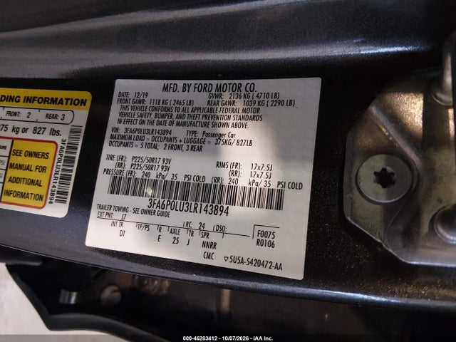 46283412 :رقم المزاد ، 3FA6P0LU3LR143894 vin ، 2020 Ford Fusion Hybrid Se مزاد بيع