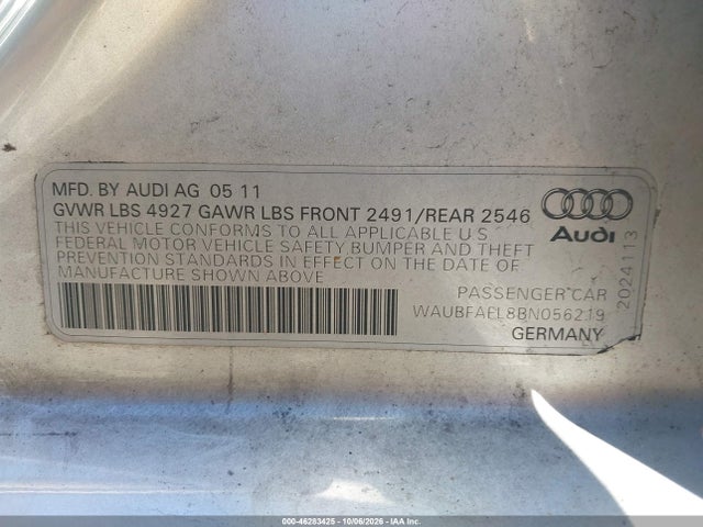 46283425 :رقم المزاد ، WAUBFAFL8BN056219 vin ، 2011 Audi A4 2.0t Premium مزاد بيع