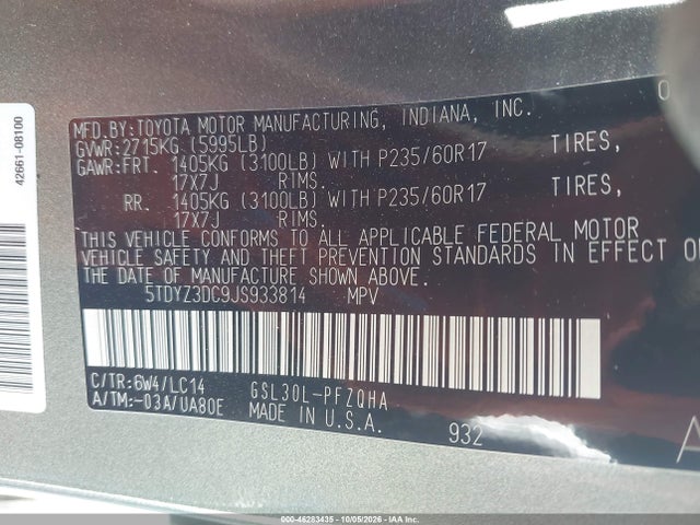 Продаж на аукціоні авто 2018 Toyota Sienna Xle 7 Passenger, vin: 5TDYZ3DC9JS933814, номер лоту: 46283435