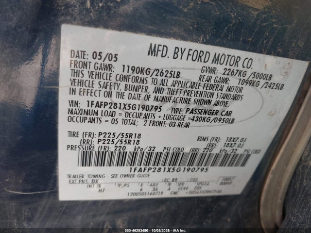 Aukcja sprzedaży 2005 Ford Five Hundred Limited, vin: 1FAFP281X5G190795, numer aukcji: 46283450