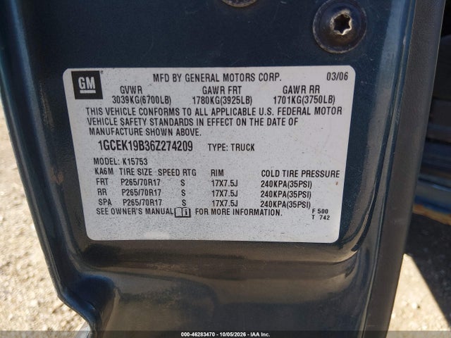 46283470 :رقم المزاد ، 1GCEK19B36Z274209 vin ، 2006 Chevrolet Silverado 1500 Lt1 مزاد بيع