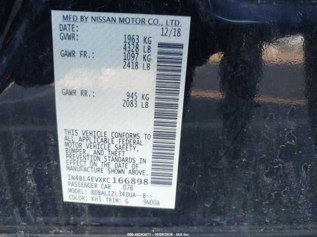 Продаж на аукціоні авто 2019 Nissan Altima 2.5 Sl, vin: 1N4BL4EVXKC166898, номер лоту: 46283471